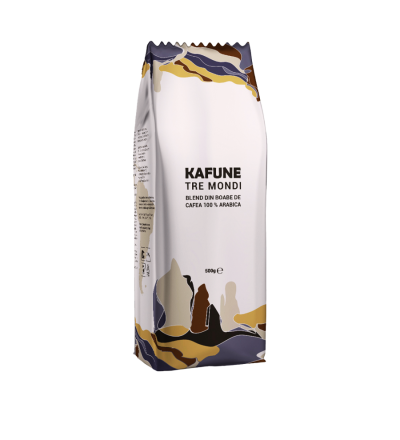 KAFUNE cafea boabe Tre Mondi - Blend superior de cafea boabe 500g, echilibrul perfect între aromele cafelei Arabica din trei regiuni ale lumii